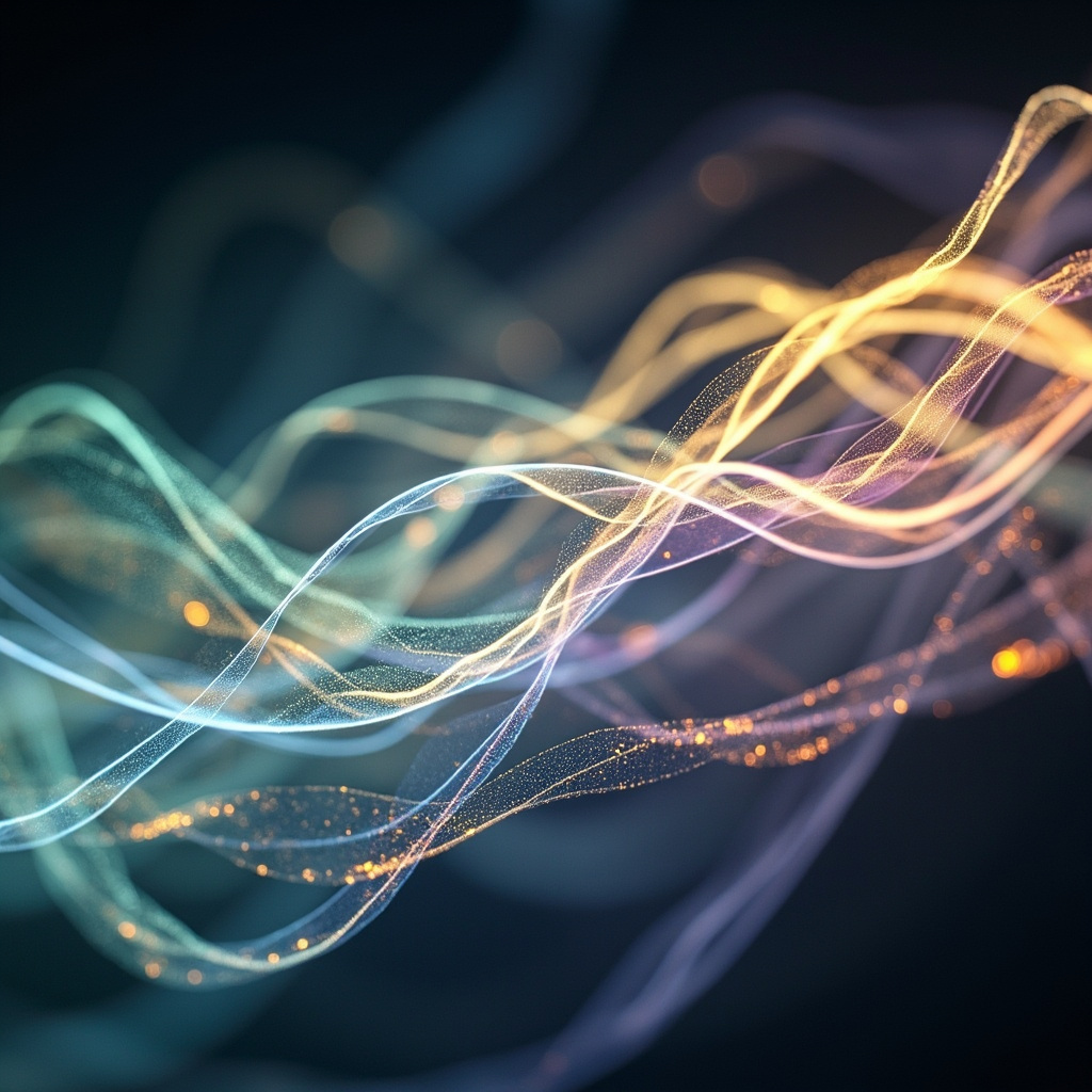 A serene, abstract visualization of flowing light waves representing human nervous system harmony and emotional balance.