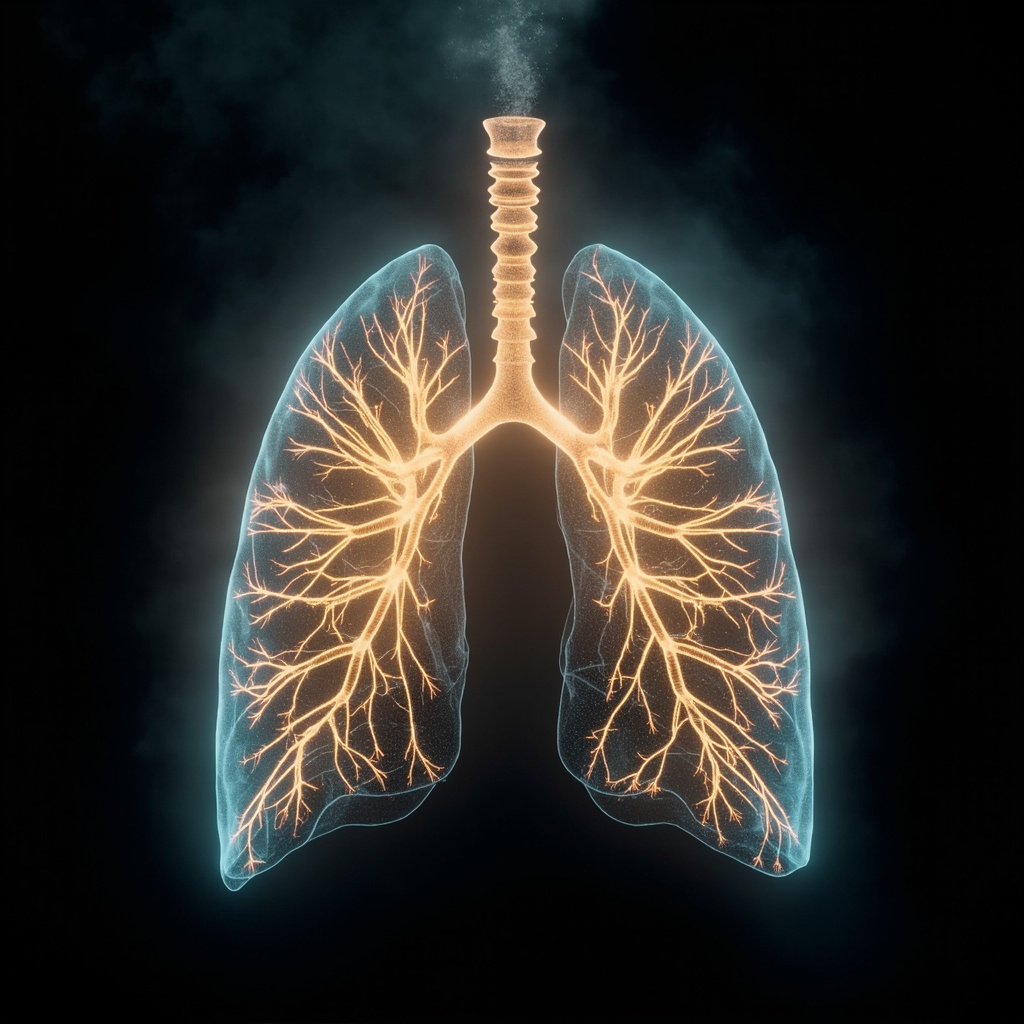 A serene, abstract visualization of light-filled, harmonious lung structures glowing with soft, rhythmic energy frequencies, representing inner peace and respiratory health.