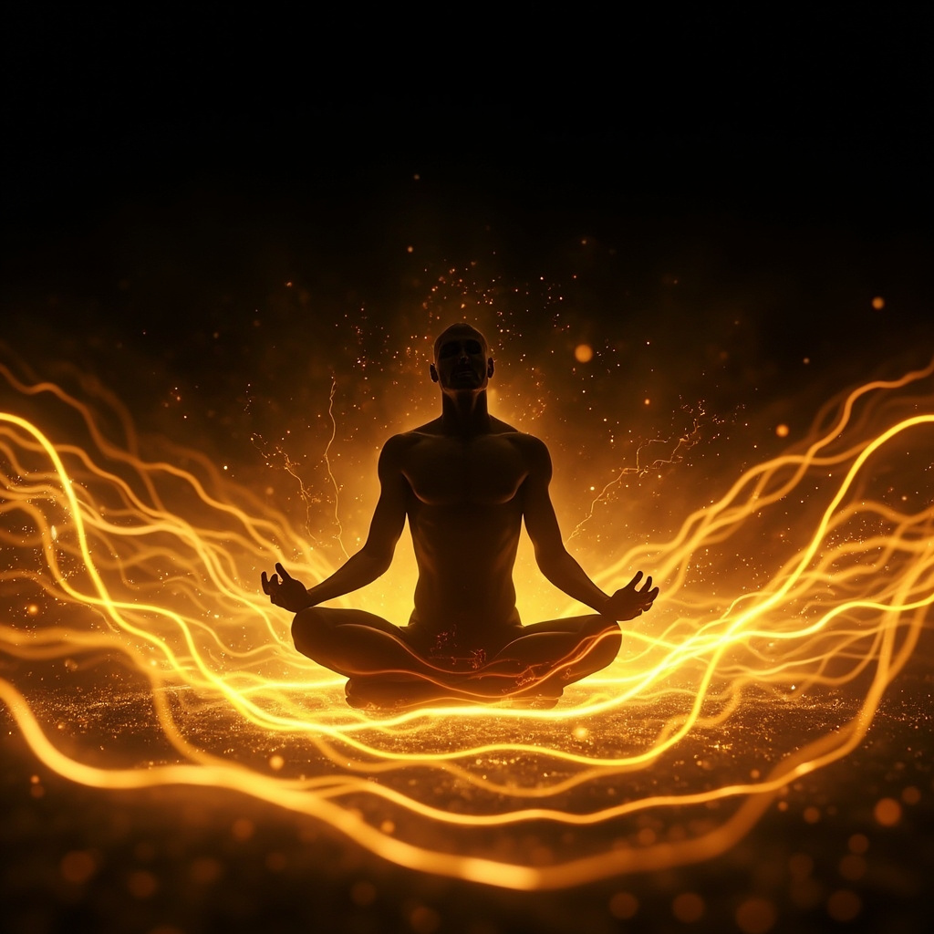 A serene, abstract visualization of flowing golden light waves harmonizing with a silhouette of a human body, representing inner peace and electrical balance.