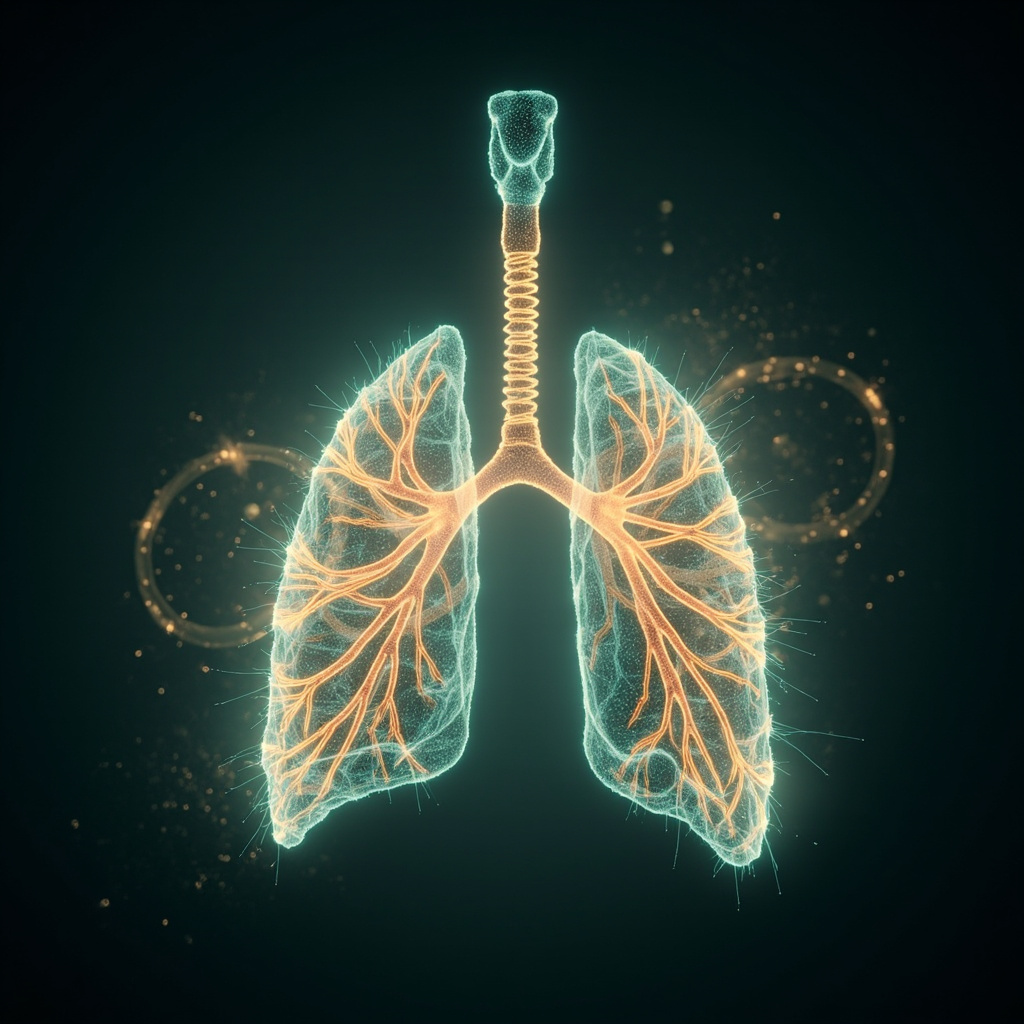 A serene, abstract visualization of glowing, rhythmic light patterns shaped like human lungs, representing energy flow, harmony, and deep, calm breathing, professional and soft aesthetic.