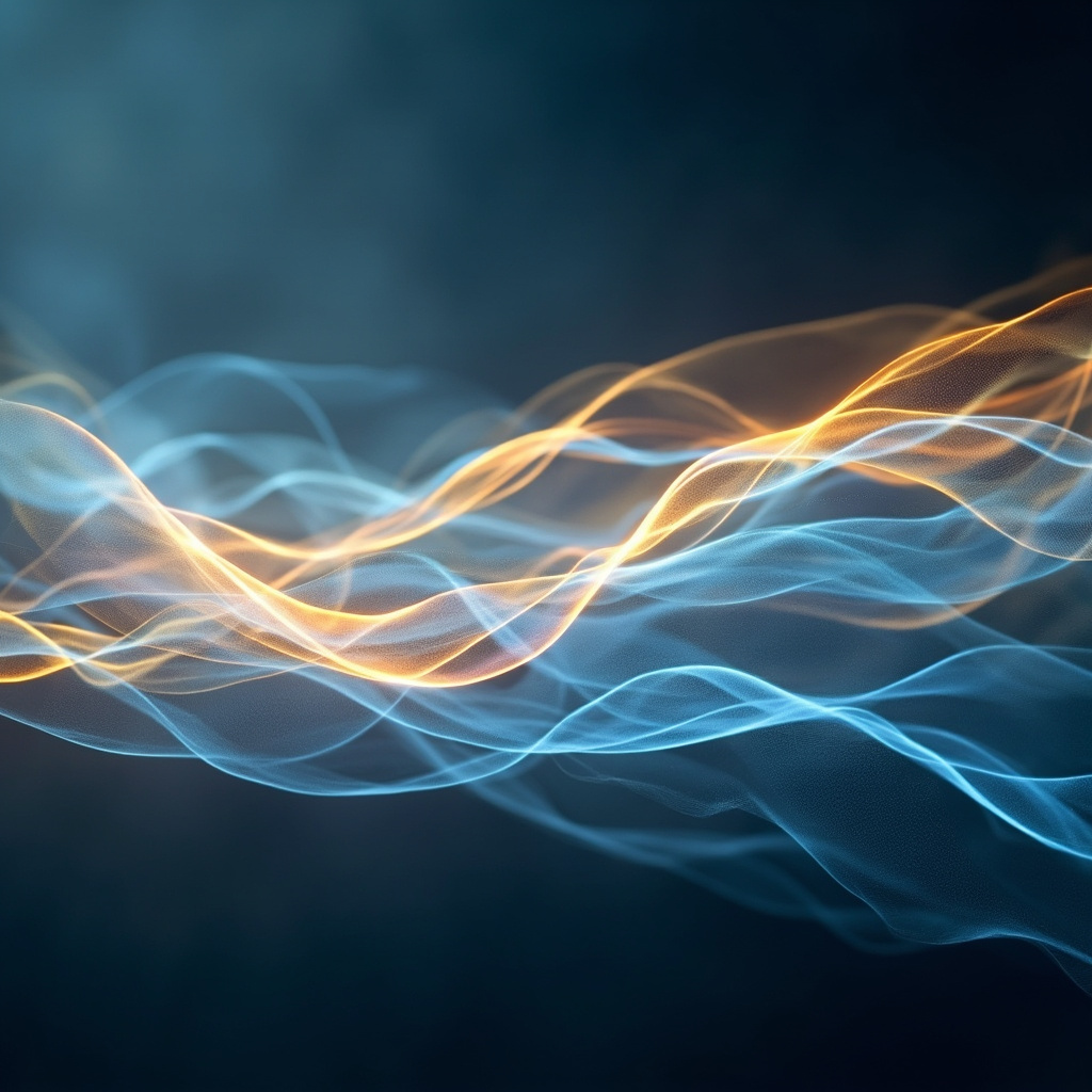 A serene, abstract visualization of soft, flowing light waves representing the nervous system returning to a state of calm and balance, soft blue and golden tones.