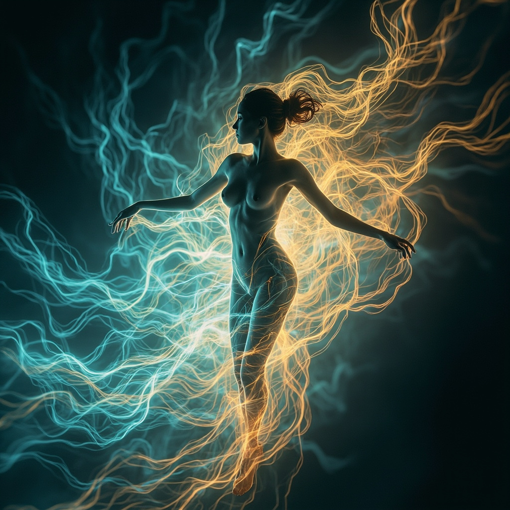 A serene, abstract visualization of light waves and human silhouette representing biological harmony and energy flow.