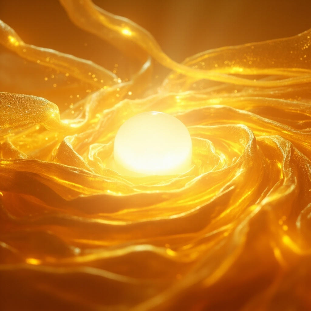 A serene, abstract visualization of a glowing, calm center surrounded by soft, flowing golden light waves, representing harmony and electrical balance.