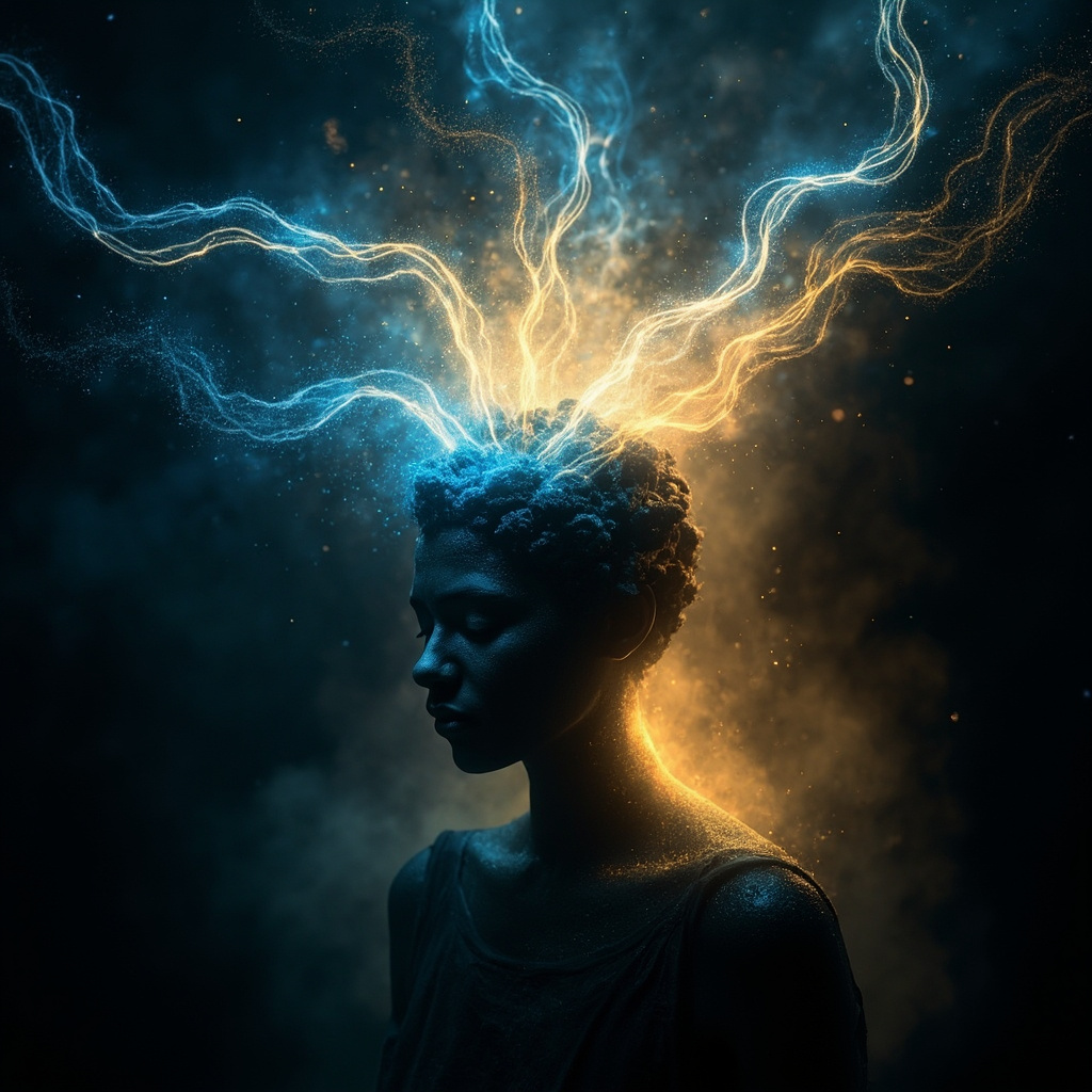 A serene, abstract visualization of light energy radiating from the crown of a human silhouette, soft blue and golden hues, ethereal and calming.