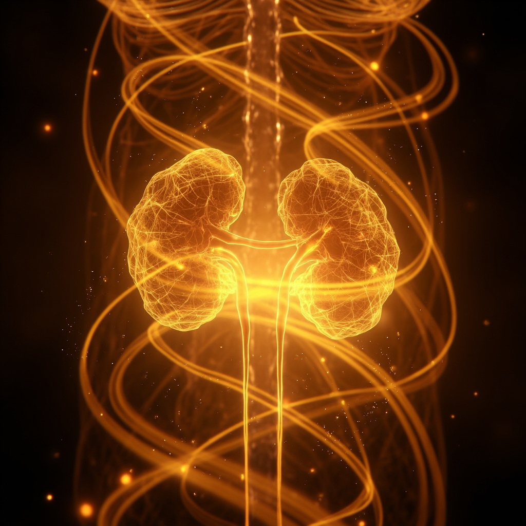 A calm, abstract visualization of glowing golden energy pathways surrounding the kidney area, symbolizing restored balance and vitality.
