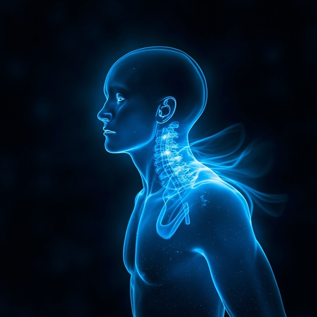 A serene, abstract visualization of glowing, soft-blue energy flowing through human shoulder and neck areas, symbolizing the release of tension and the return of internal balance.