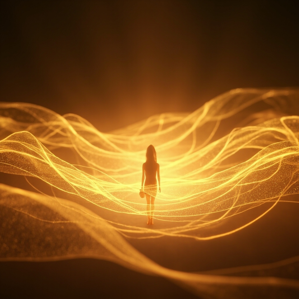 A serene, abstract visualization of flowing golden light waves converging into a balanced, centered human silhouette, symbolizing emotional harmony and internal resonance.
