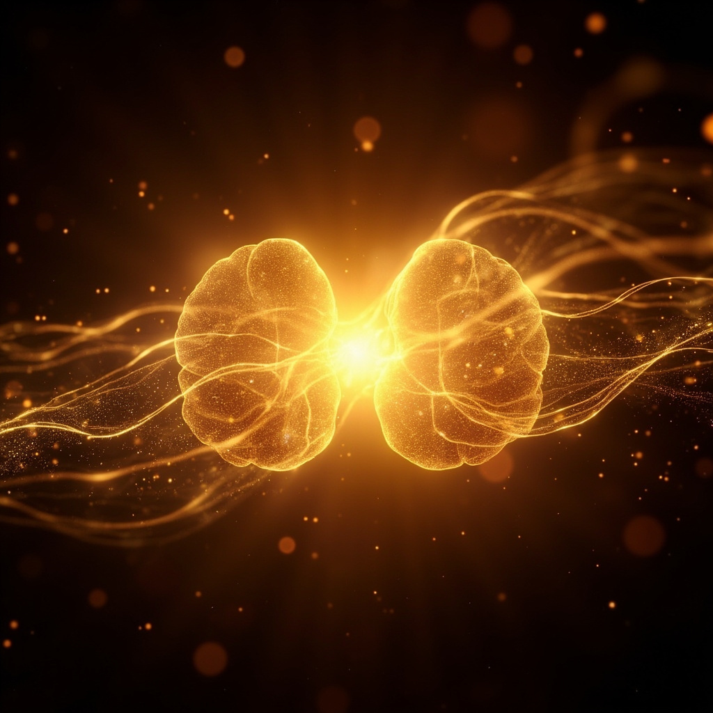 A serene, abstract visualization of glowing neural pathways and soft, golden light radiating from the center of the adrenal glands, symbolizing balance and restoration.