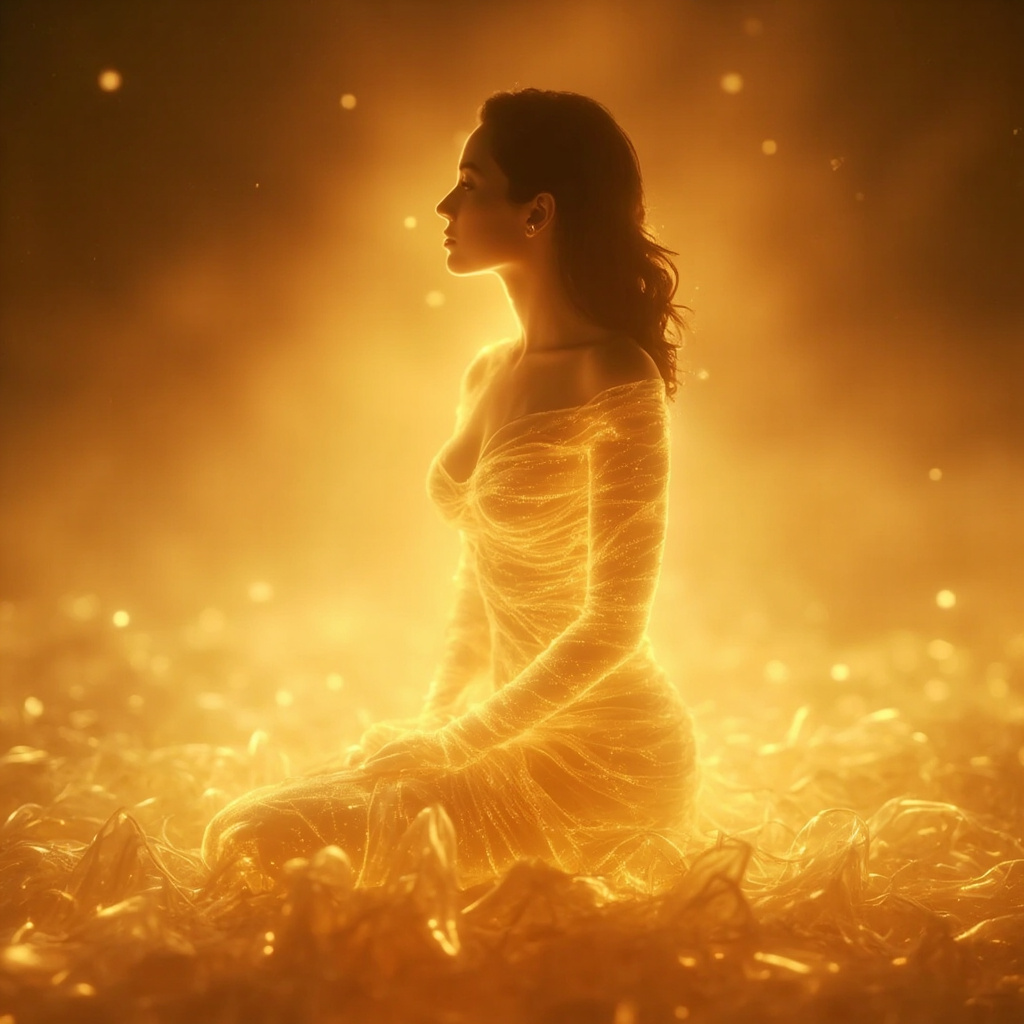 A serene, abstract visualization of soft golden light waves flowing through a calm, human-like silhouette, symbolizing electrical harmony and inner peace.