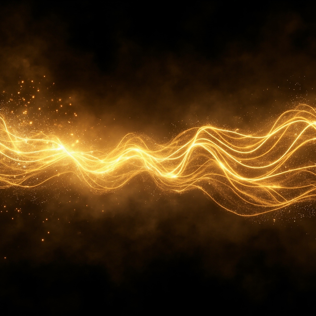 A calm, abstract visualization of flowing golden light waves transitioning from a chaotic, jagged pattern on the left to a smooth, harmonious sine wave on the right, representing emotional balance.