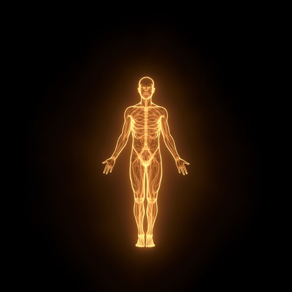 A calming, abstract image showing gentle, golden light waves flowing through a human silhouette, representing the harmonization of the nervous system and the restoration of inner balance.