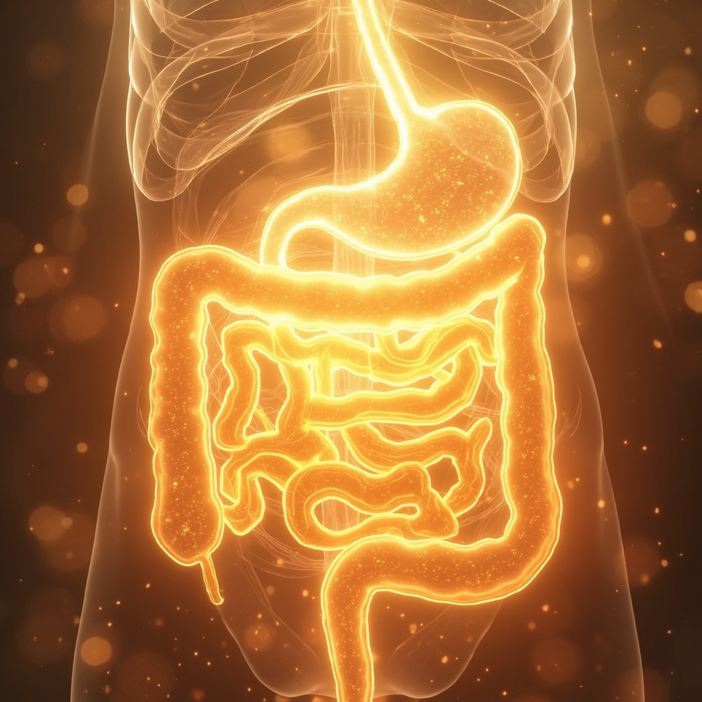 A serene, artistic illustration of the human digestive system depicted as a glowing, gentle energy center within the abdomen, surrounded by soft, warm light and flowing patterns that represent the assimilation of nutrients and emotional clarity.