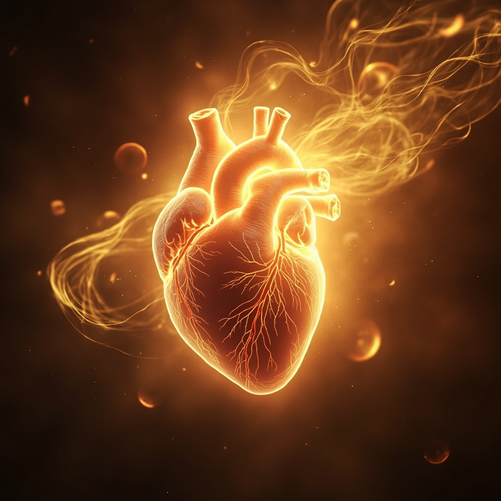 A soft, artistic illustration of a human heart glowing with warm, golden light, surrounded by gentle, flowing energy patterns representing circulation and emotional openness.