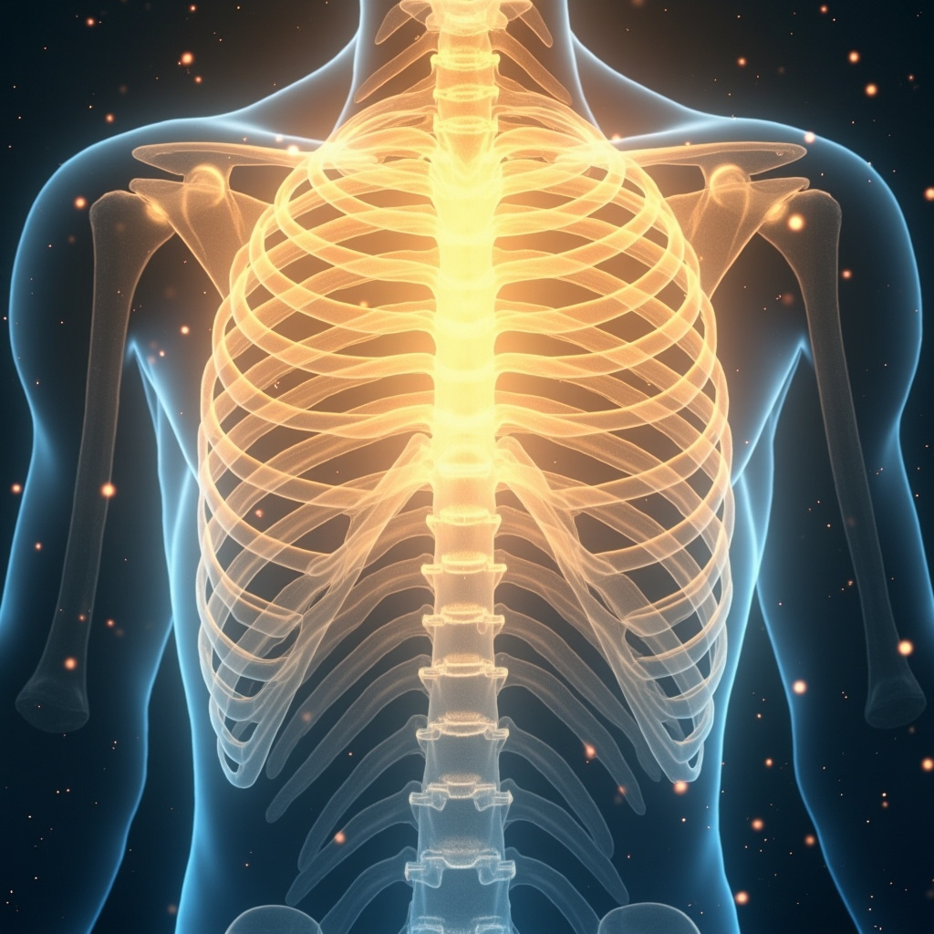 A high-quality, calming illustration showing a glowing, healthy chest cavity with light radiating from the intercostal spaces, representing energy flow and freedom of breath.
