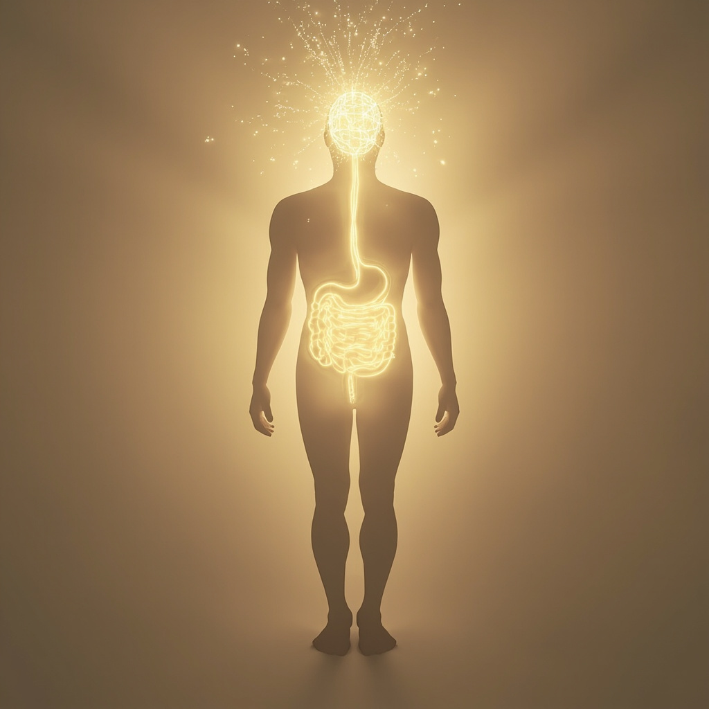 A serene, abstract illustration showing a glowing, golden energetic pathway flowing from the gut area up to the head, representing the connection between digestion and mental clarity, soft lighting, professional and calming aesthetic.