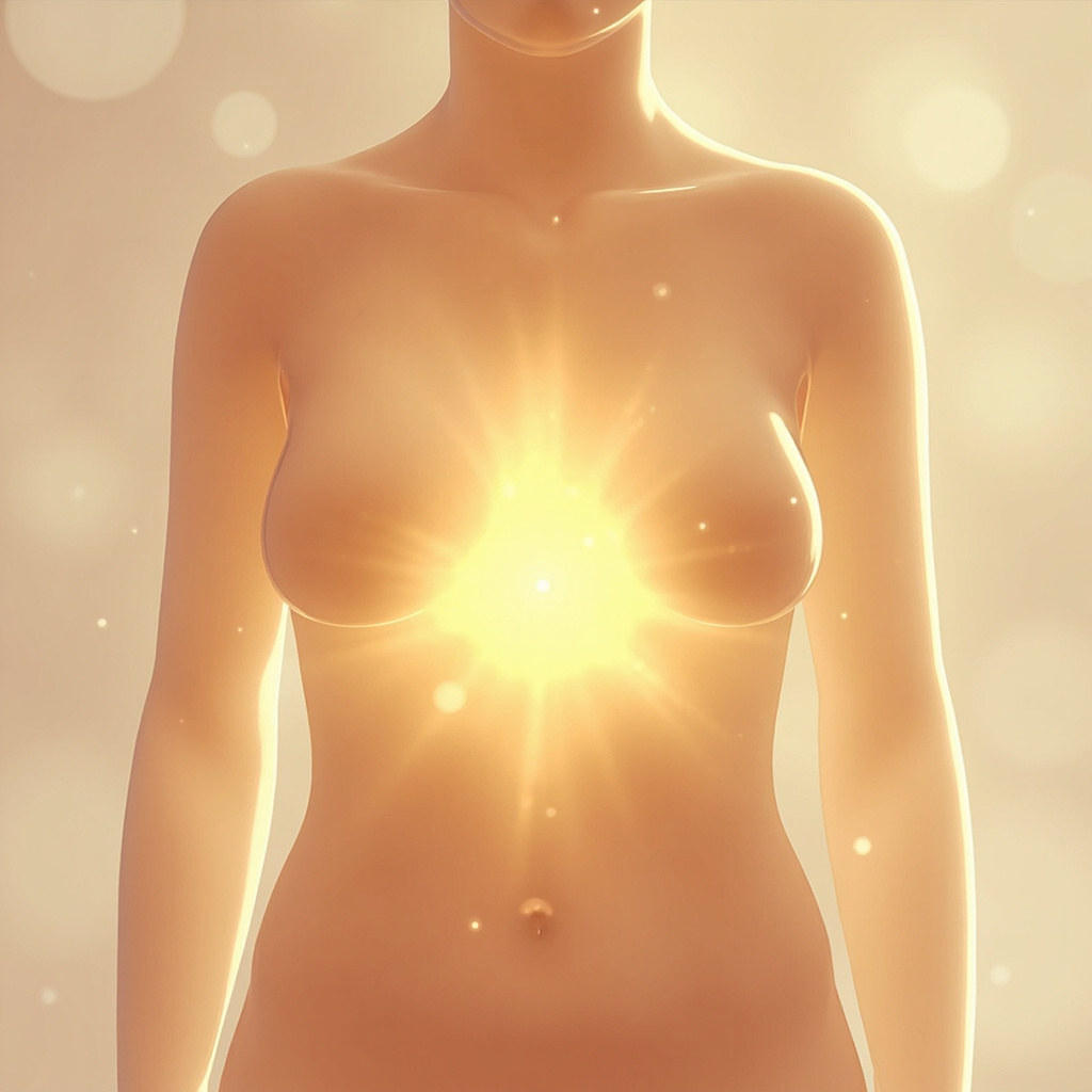 A calming, artistic illustration of a human torso with a gentle, glowing light centered in the abdominal area, representing digestive harmony and muscle relaxation.