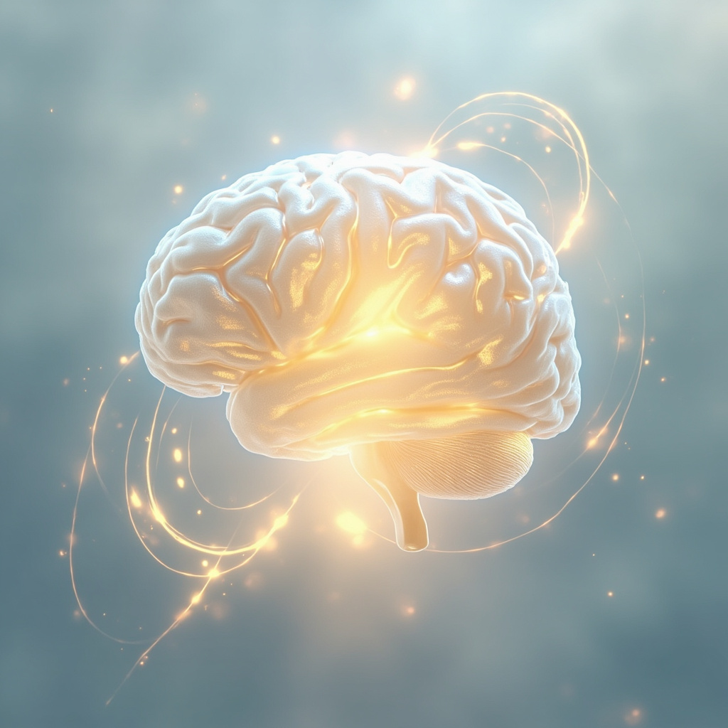 A soft, ethereal illustration of the brain with a glowing, golden point at the base, representing the anterior pituitary gland, surrounded by gentle, flowing light patterns that suggest harmony and balance.
