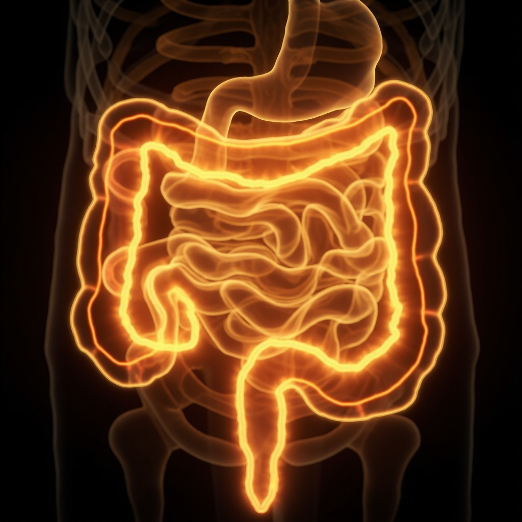 A high-quality, calming, and scientific-looking illustration showing a glowing, healthy human digestive tract, specifically highlighting the duodenum with soft, golden light waves representing harmonic frequencies.