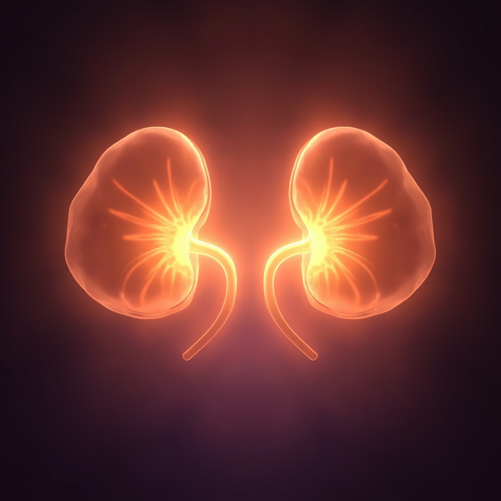 A serene, abstract digital illustration showing a glowing, rhythmic pulse emanating from the center of the kidneys, symbolizing balance, warmth, and restored vitality.