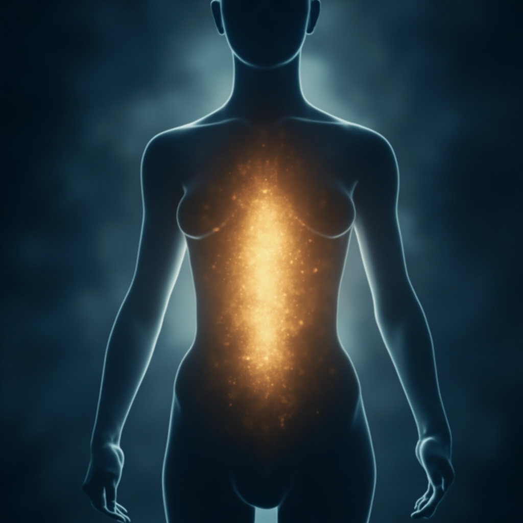 A serene, abstract digital illustration showing the silhouette of a human torso with soft, glowing light radiating from the area above the kidneys, symbolizing energy, balance, and harmony, with a warm, calming color palette of gold, deep blue, and soft amber.