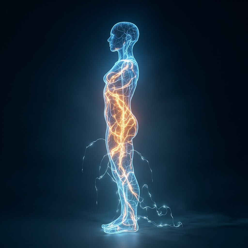A calming, abstract visualization of glowing, interconnected neural pathways resembling a gentle, flowing river of light within the human form.