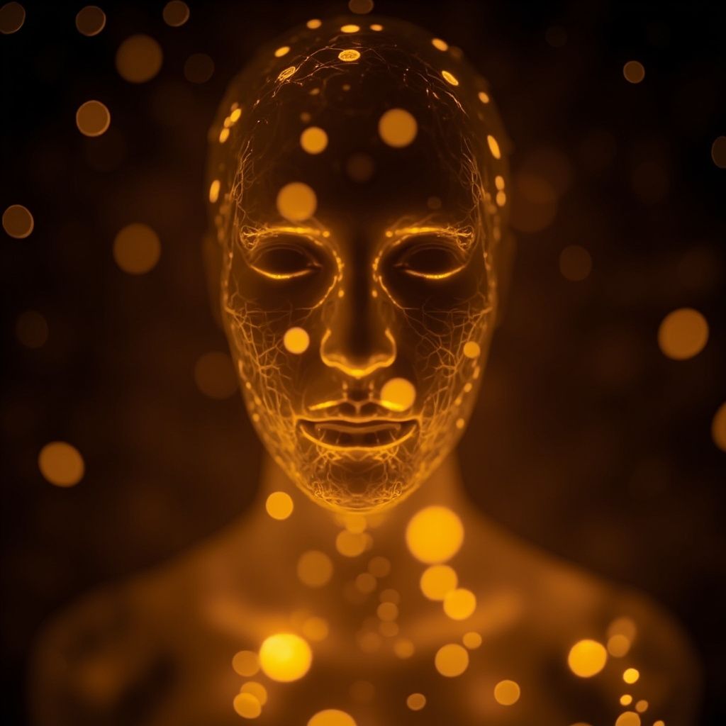 A soft, artistic close-up of a human silhouette with glowing, harmonious golden light patterns radiating from the center, symbolizing metabolic balance and internal frequency, professional and serene style.