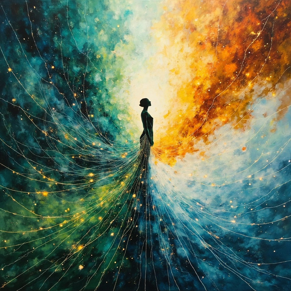 A serene, abstract representation of flowing energy lines connecting a human silhouette to changing seasonal landscapes, blending soft greens, autumn golds, and cool blues in a harmonious, balanced composition.