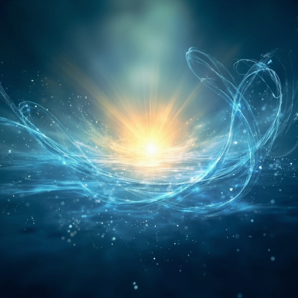 A serene, abstract representation of flowing energy lines connecting to a glowing, balanced core, soft blue and golden light, high resolution, peaceful atmosphere.