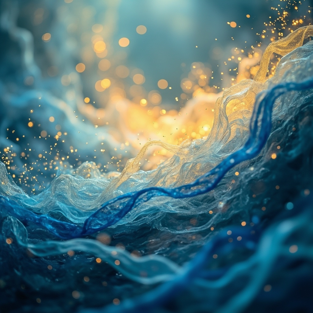 A serene, abstract representation of rhythmic waves and light particles dispersing tension in the upper chest area, soft blue and golden tones, high quality, calming atmosphere.