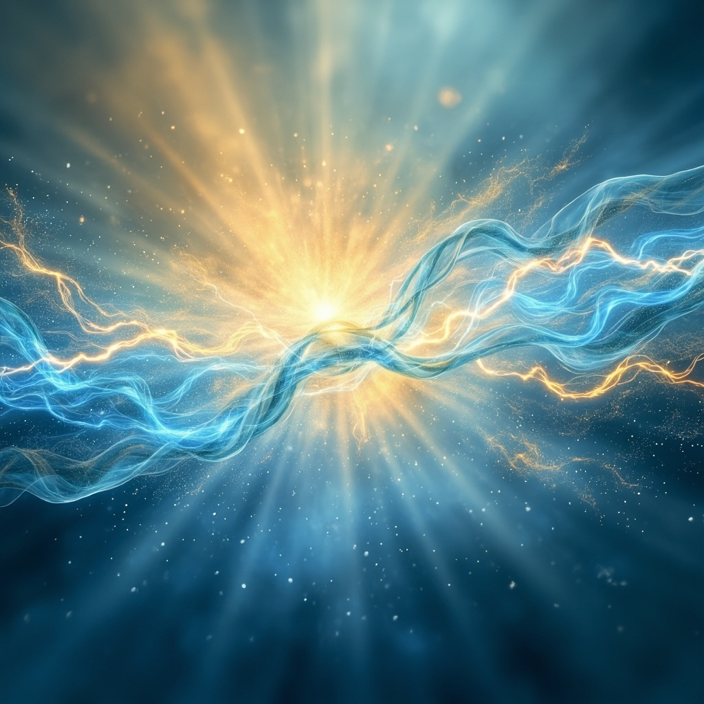 A serene, abstract representation of flowing electrical light waves merging with calming, natural throat-area energy, soft blue and golden hues, high quality digital art.