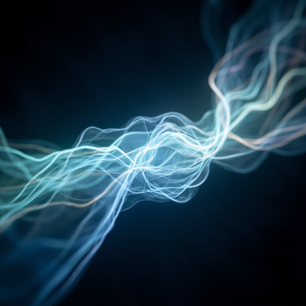 A serene, abstract representation of flowing electrical energy lines forming a balanced, harmonious human silhouette in soft, calming tones of blue and gold.