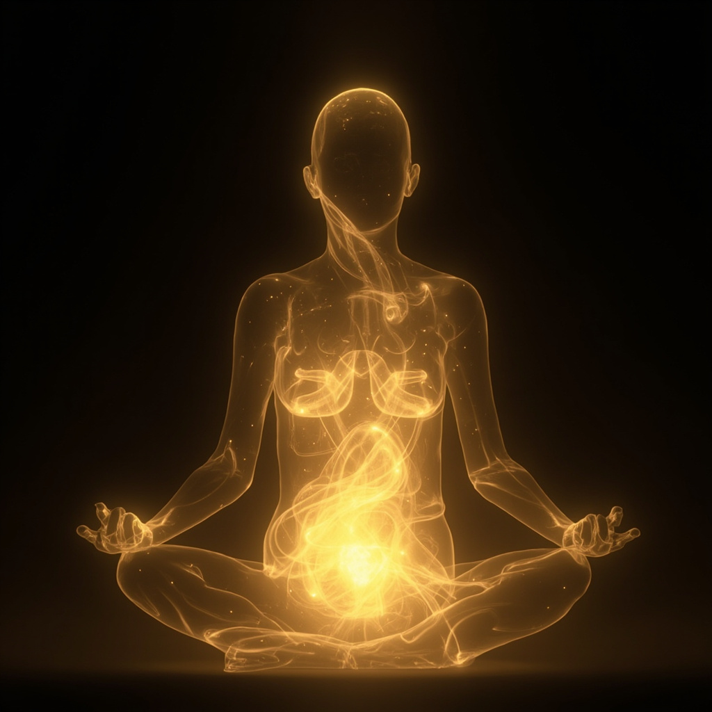 A serene, abstract representation of flowing golden energy moving through a calm, balanced human silhouette, emphasizing the abdominal area with soft, harmonious light patterns.