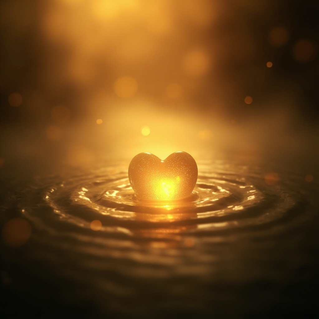 A soft-focus, artistic representation of a heart glowing with warm, golden light, surrounded by gentle, rhythmic wave patterns in a serene, natural environment.