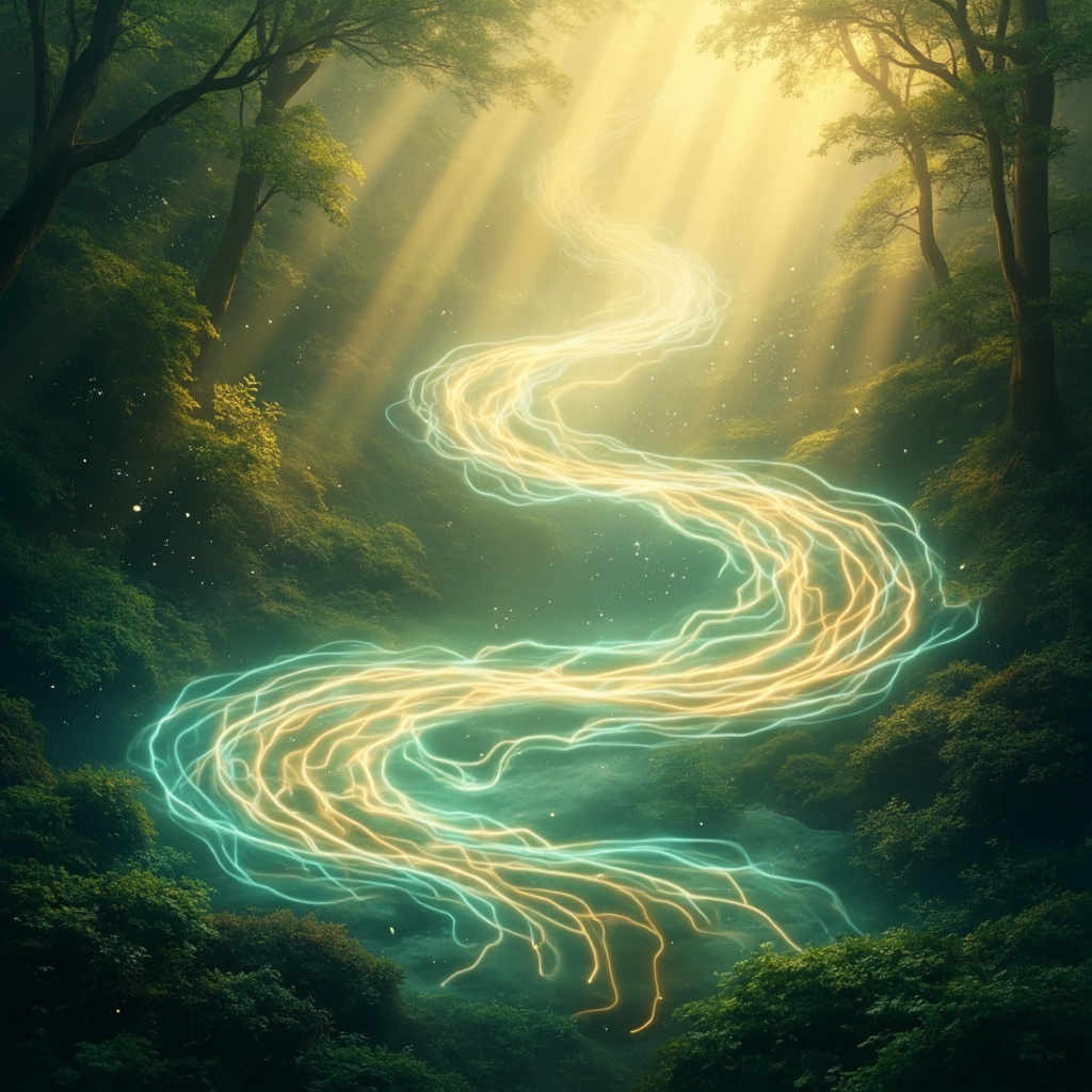 A serene, abstract representation of light and sound waves gently flowing through a natural, organic environment, symbolizing restoration and inner balance.