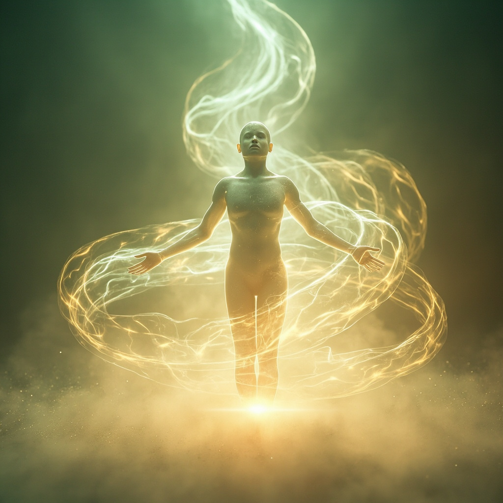 A serene, abstract representation of flowing light frequencies interacting with a human silhouette, symbolizing balance and energy restoration, soft natural colors.