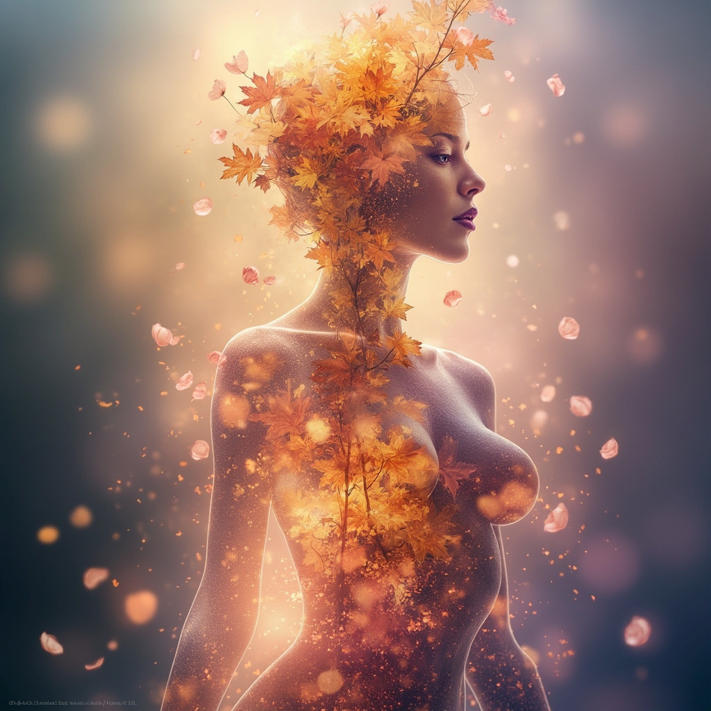 A serene, abstract representation of a human silhouette merging with natural seasonal elements like falling leaves and spring blossoms, using soft, glowing light frequencies to symbolize balance and harmony.