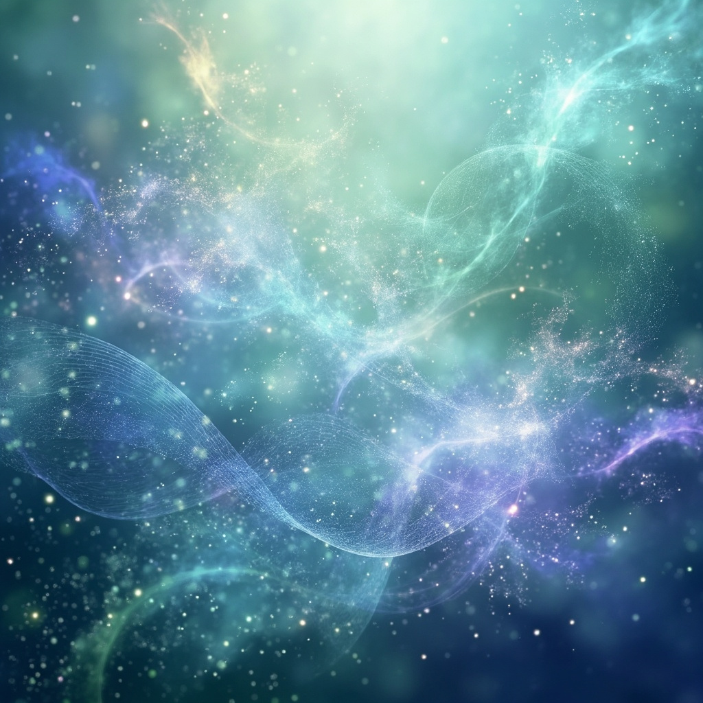 A serene, abstract representation of light waves harmonizing with organic, botanical shapes to symbolize internal balance and frequency healing.