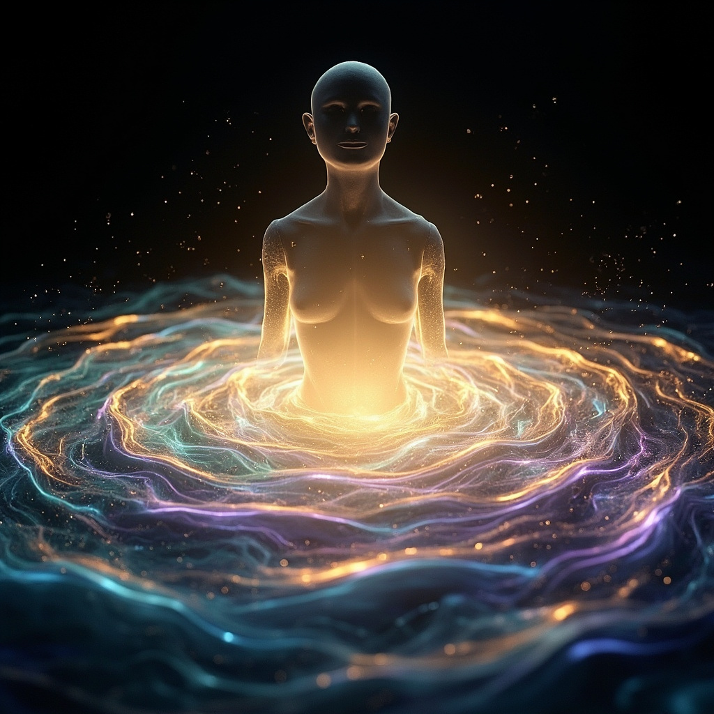 A serene, abstract representation of light waves harmonizing with a human silhouette, symbolizing balance and energy flow.