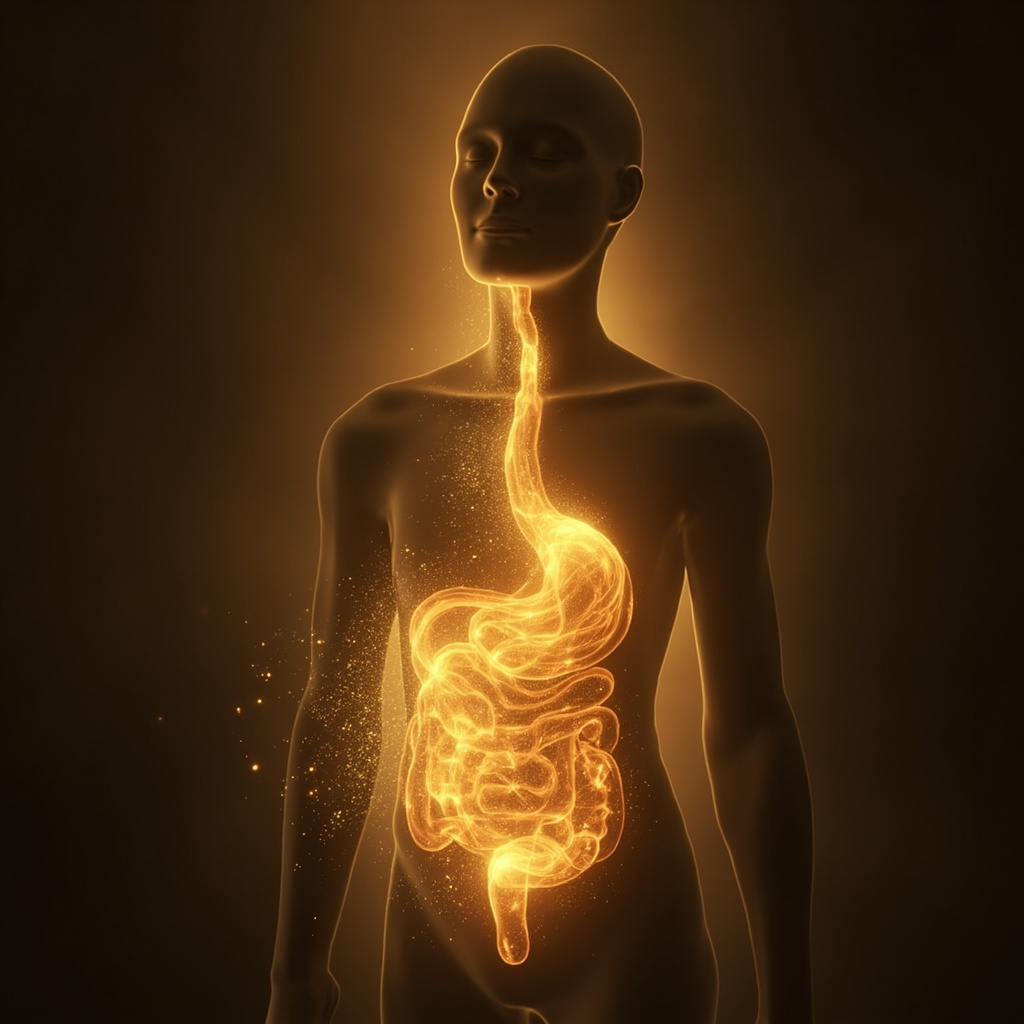 A serene, abstract representation of a glowing, golden energetic flow moving smoothly through the center of a human silhouette, illustrating harmony and digestive balance.