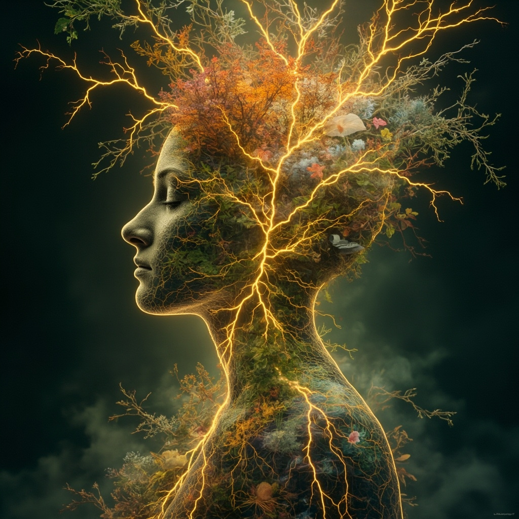 A serene, artistic representation of a human silhouette integrating with nature, showing glowing, gentle electrical pathways connecting the body to the changing seasons, soft light, calming atmosphere.