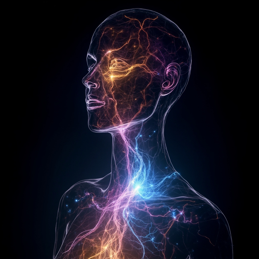A high-quality, abstract representation of glowing, interconnected light pathways within a human silhouette, symbolizing the flow of neural communication and internal harmony.