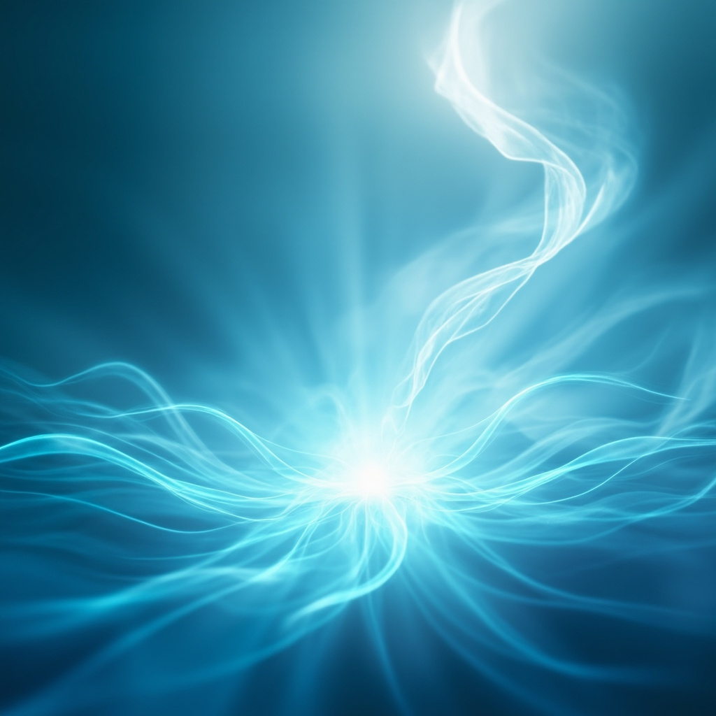 A serene, abstract representation of flowing light waves connecting a throat energy center to a calm, balanced mind, professional and soft aesthetic.