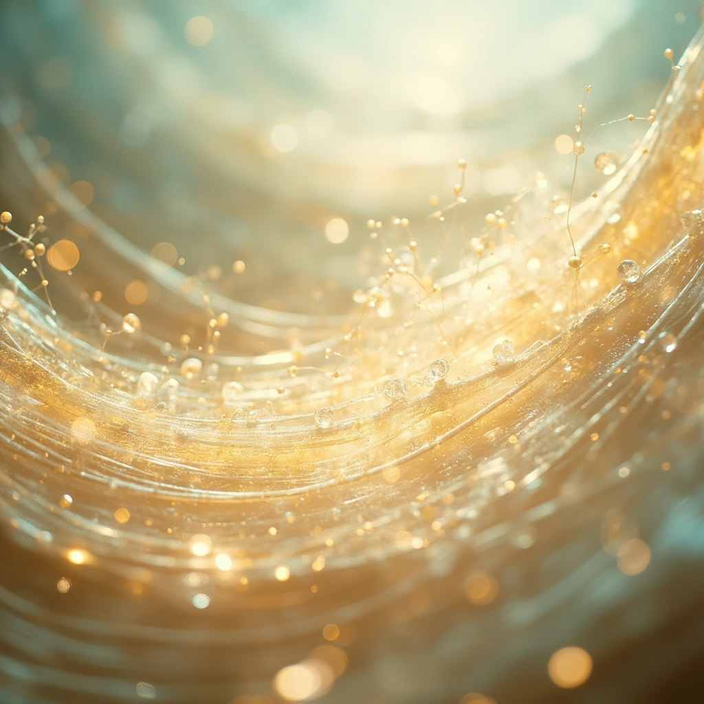 A serene, abstract representation of flowing light structures and molecular-like geometric patterns, emphasizing balance, vitality, and internal harmony, soft natural lighting, high quality, professional photography style.