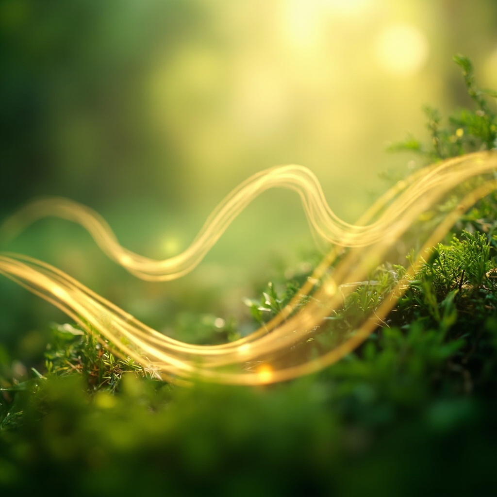 A serene, abstract representation of light waves harmonizing with organic, natural structures, soft green and golden tones, high quality, professional photography style.