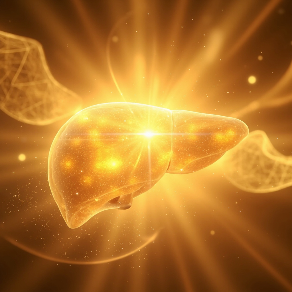A serene, abstract digital art representation of a glowing, healthy human liver radiating soft golden light, integrated with flowing, harmonious energy waves and subtle geometric patterns, soft focus, high quality, professional wellness aesthetic.
