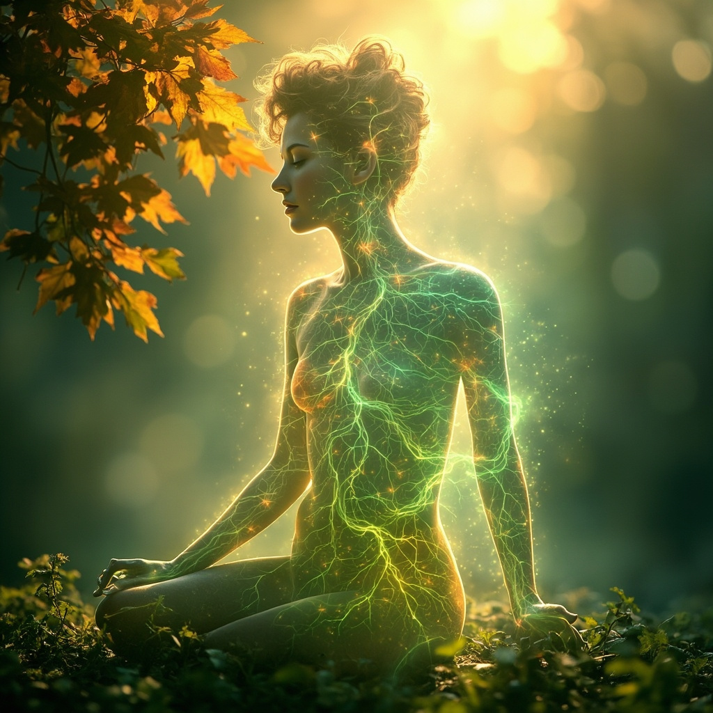 A serene, artistic representation of a human silhouette integrating with nature, showing glowing, harmonious light patterns flowing through the body, soft seasonal colors, professional and calming aesthetic.