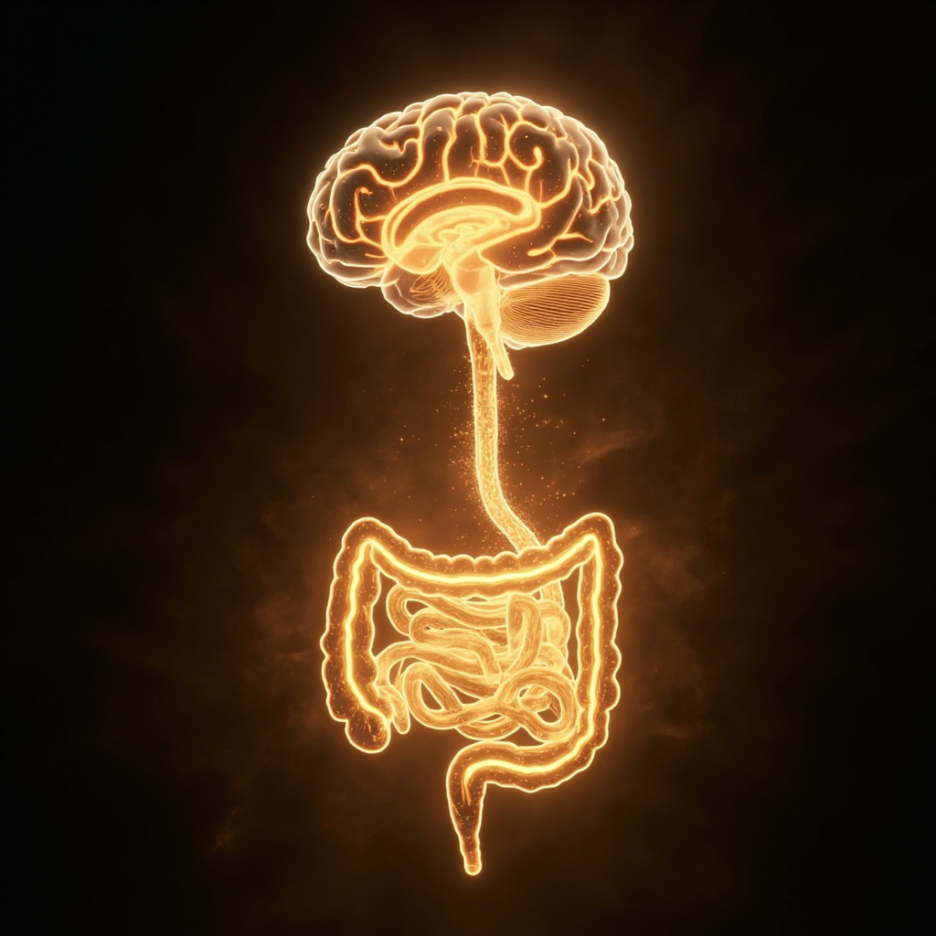 A serene, artistic representation of the gut-brain axis, showing soft golden light flowing between the digestive system and the brain, suggesting harmony and balance, high quality, professional photography style.