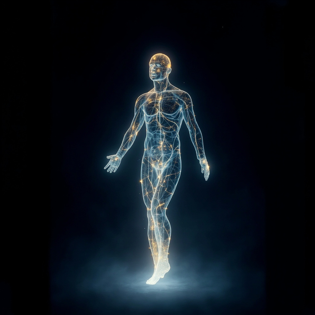 A high-quality, abstract representation of flowing energy pathways within a human silhouette, soft golden and blue light particles moving through the body, professional and serene aesthetic.
