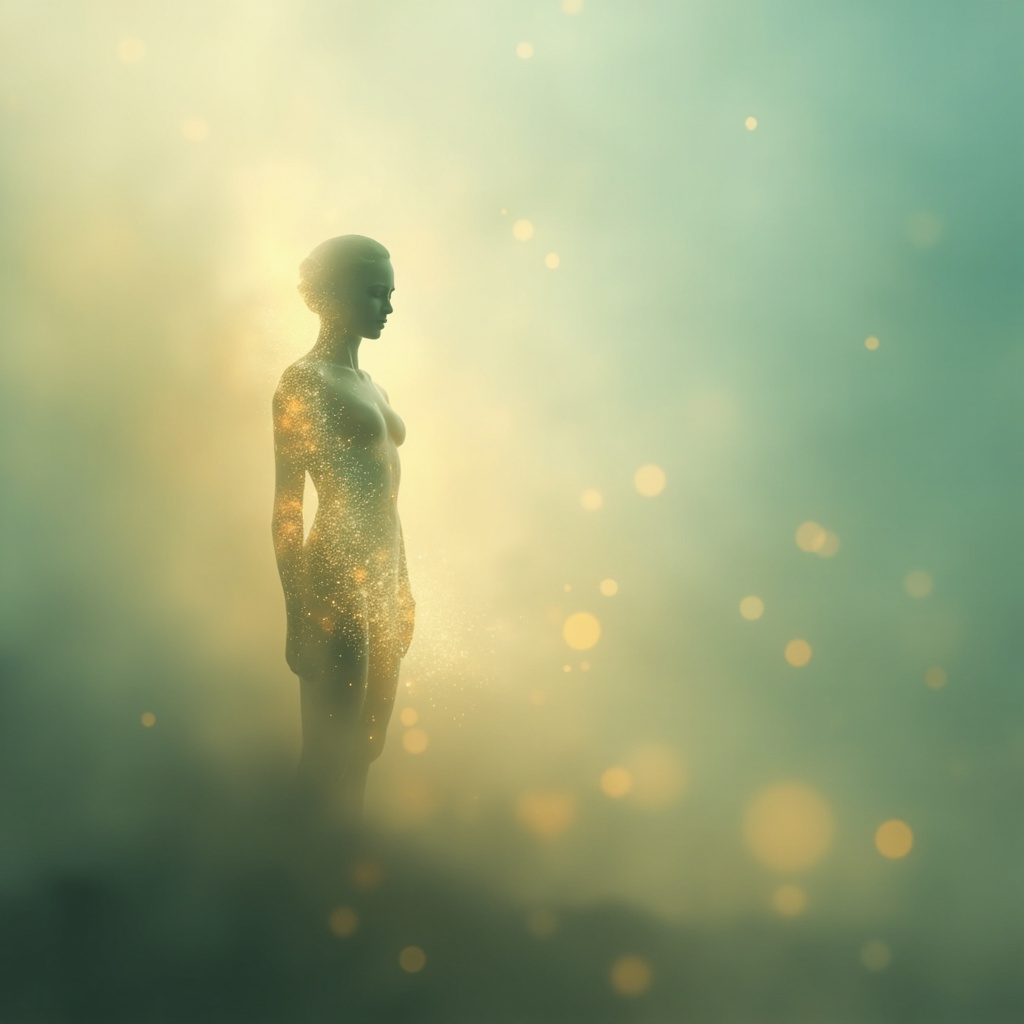 A serene, abstract representation of a human silhouette with a glowing, harmonious light flow along the left side, representing circulation and emotional balance, soft natural colors.