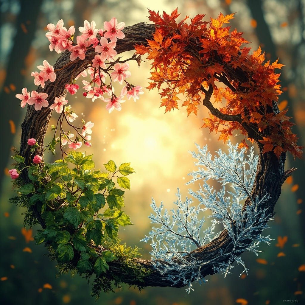 A serene, artistic representation of the four seasons blending into a single, harmonious circular flow, with soft golden light and natural textures representing inner balance and vitality.
